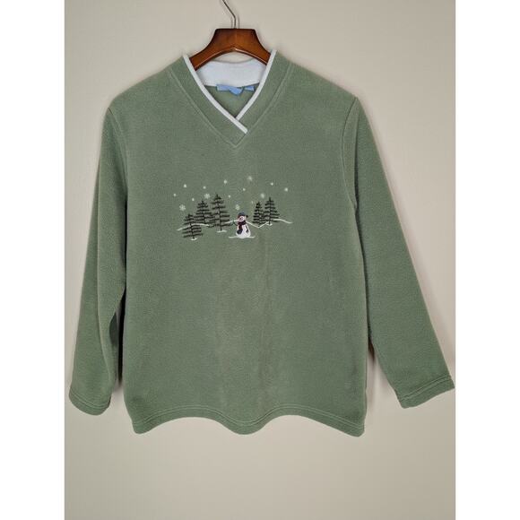 croft & barrow Tops - Croft & Barrow Fleece Top Winter Snowman Green Women Large V-Neck Embroidered